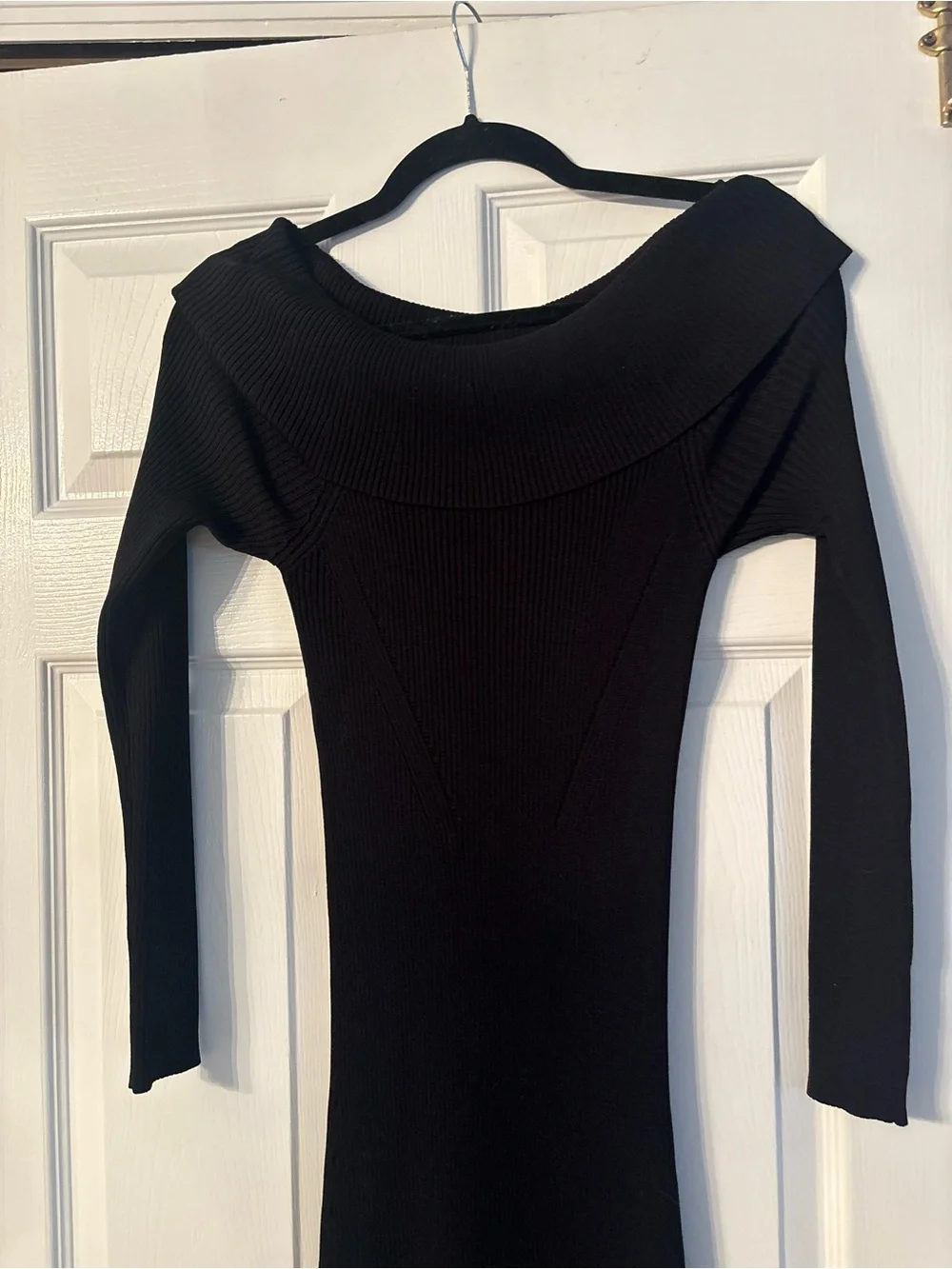 Michael Kors Black Off-The-Shoulder Long Sleeve Ribbed Knit Dress